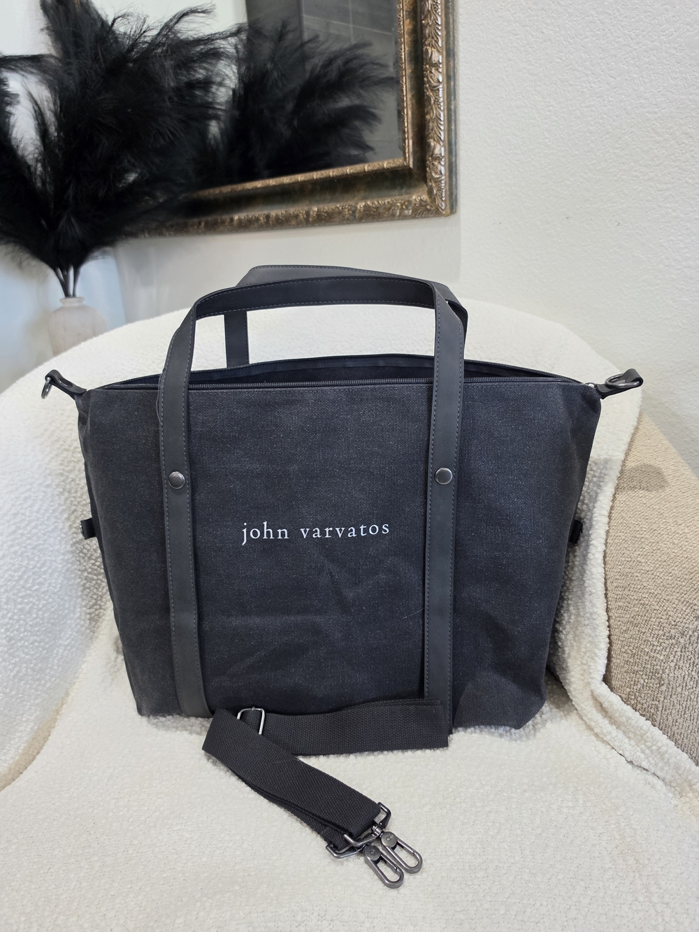 John Varvatos Black Canvas Duffel For Travel or Gym bag with Removable Strap.